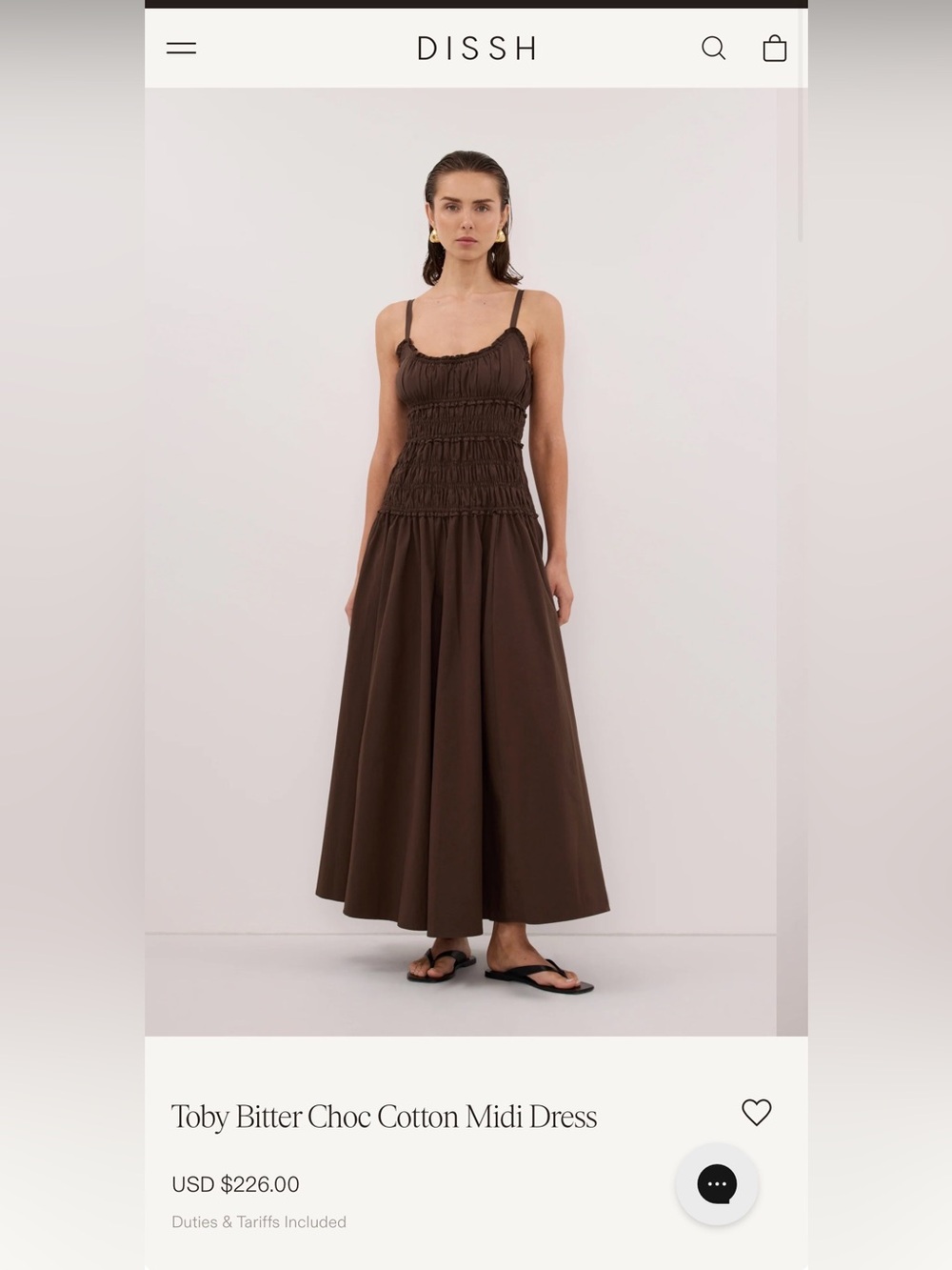 DISSH Toby Choc Cotton Midi Brown Smocked Dress — Size 4 — NWT